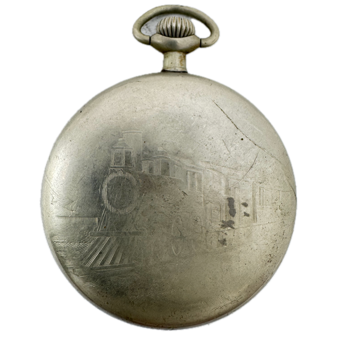 Antique 16 Size Illinois Train Engraving Pocket Watch Case Nickel American