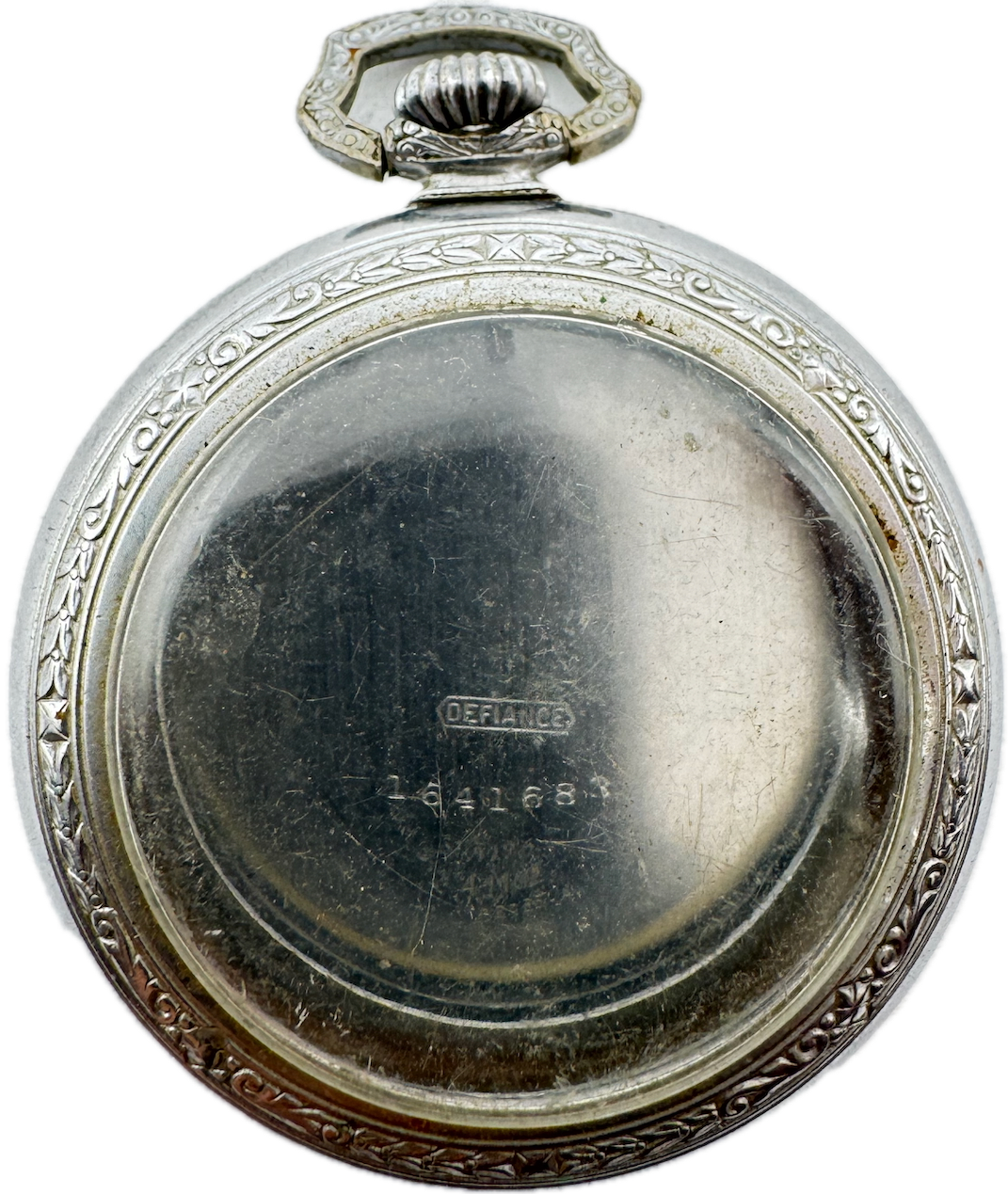 Antique 6s Defiance Open Face Pocket Watch Case Chrome Plated Pinstriped USA
