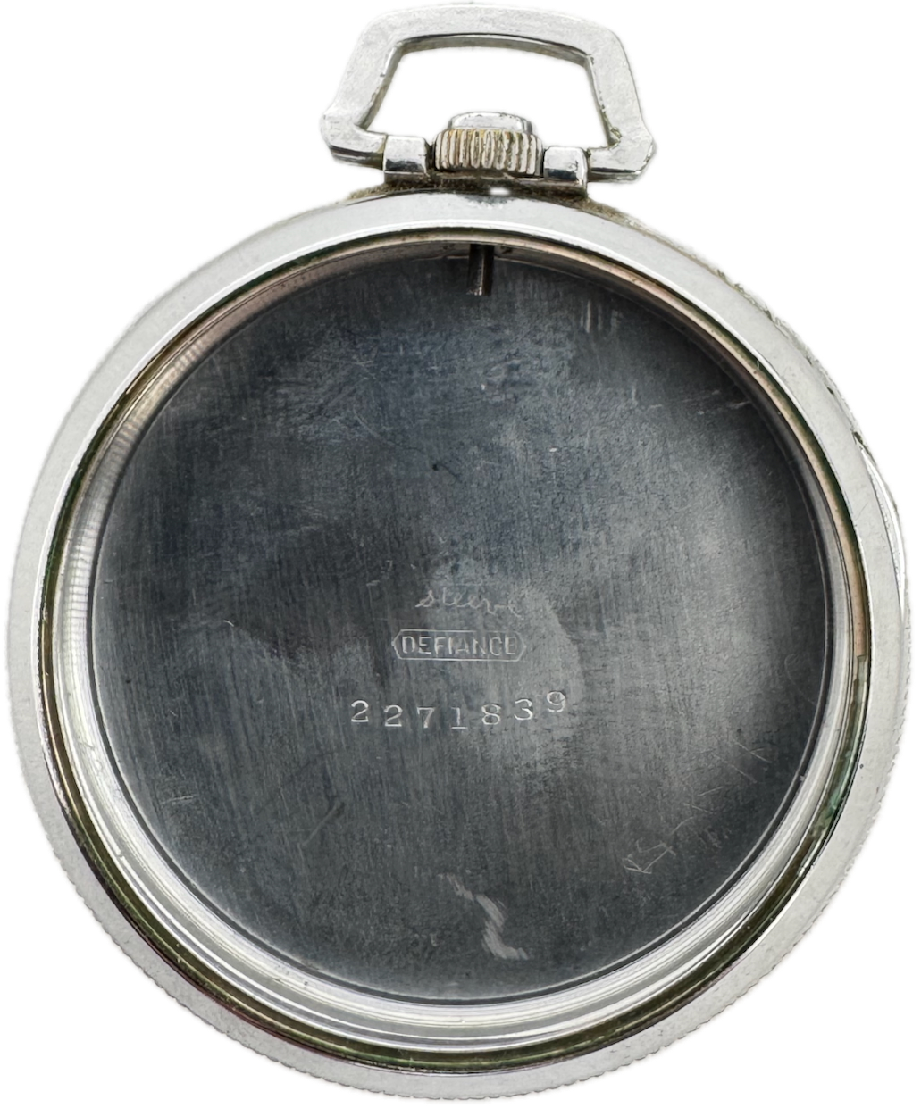 Antique 12s Defiance Open Face Pocket Watch Case Chrome Plated Pinstriped USA