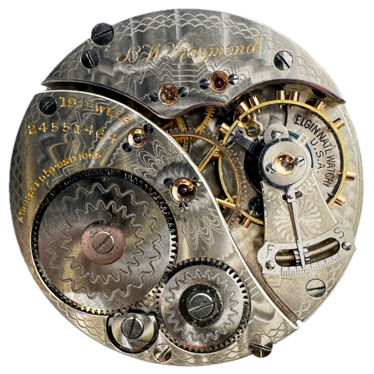 Antique 16s 1922 Elgin B.W. Raymond 19J Railroad Pocket Watch Movement 455 USA