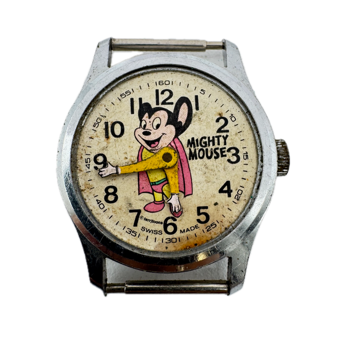 Vintage Terry Toons Mighty Mouse Men's Mechanical Wristwatch Swiss Chrome