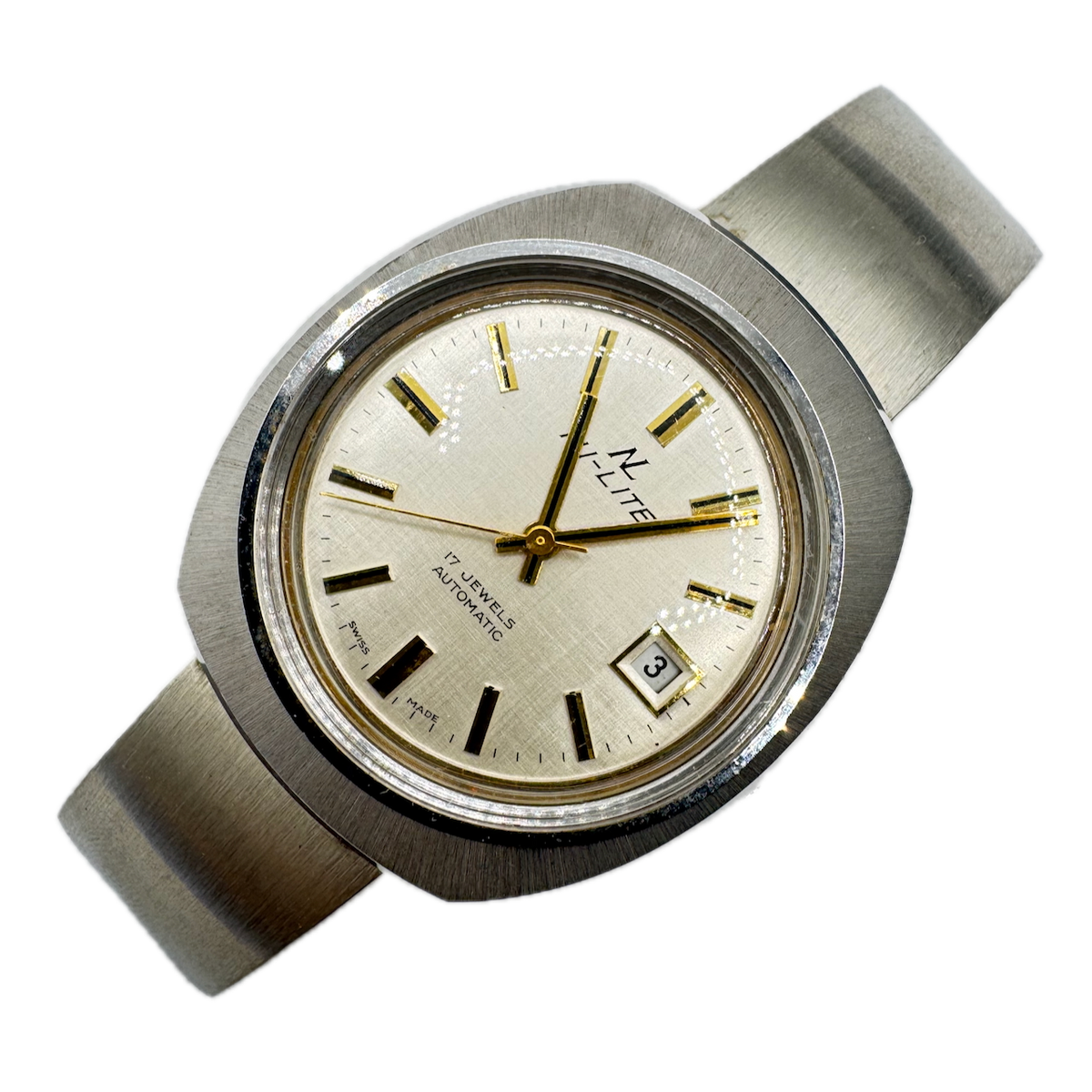 Vintage Ni-Lite Linen Date Men's Automatic Wristwatch 2472 Swiss Steel & Chrome