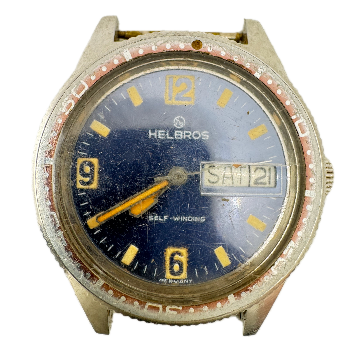 Vintage 38mm Helbros 580 Diver Blue 17j Men's Automatic Wristwatch West Germany