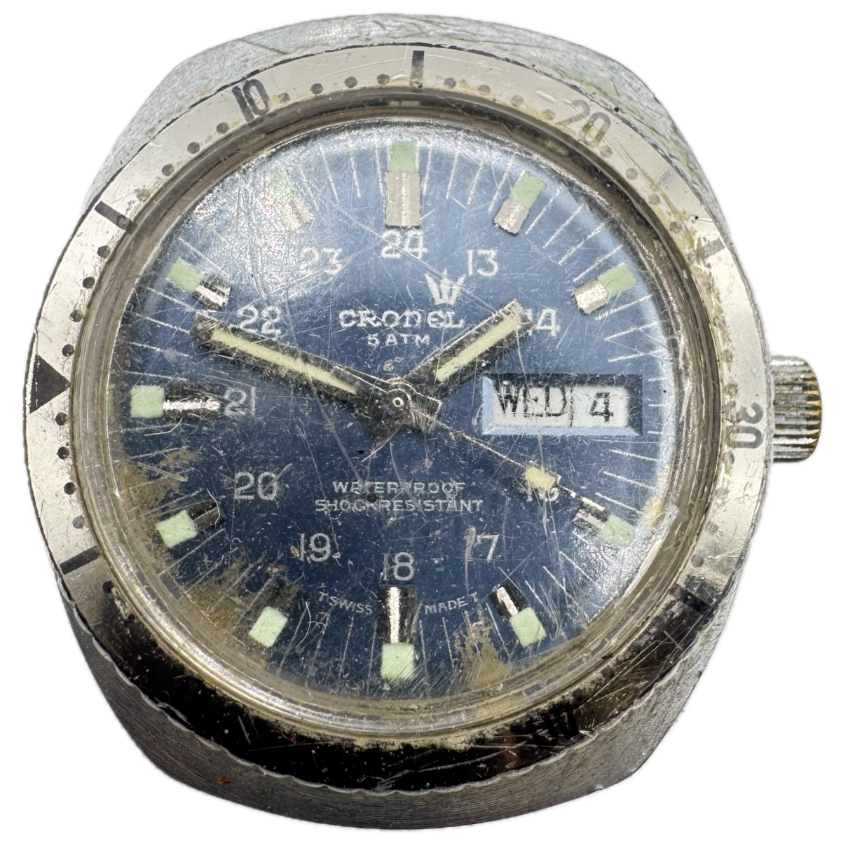 Vintage Cronel 500 Blue 24 HR Day Date Men's Mechanical Wristwatch Swiss