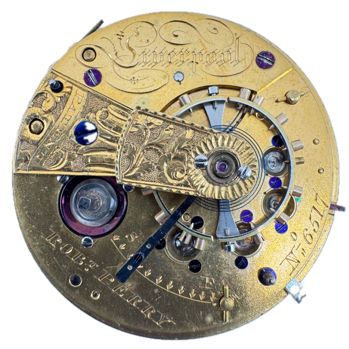 Antique 44.5mm Rob T. Perry Key Wind Fusee Pocket Watch Movement Liverpool