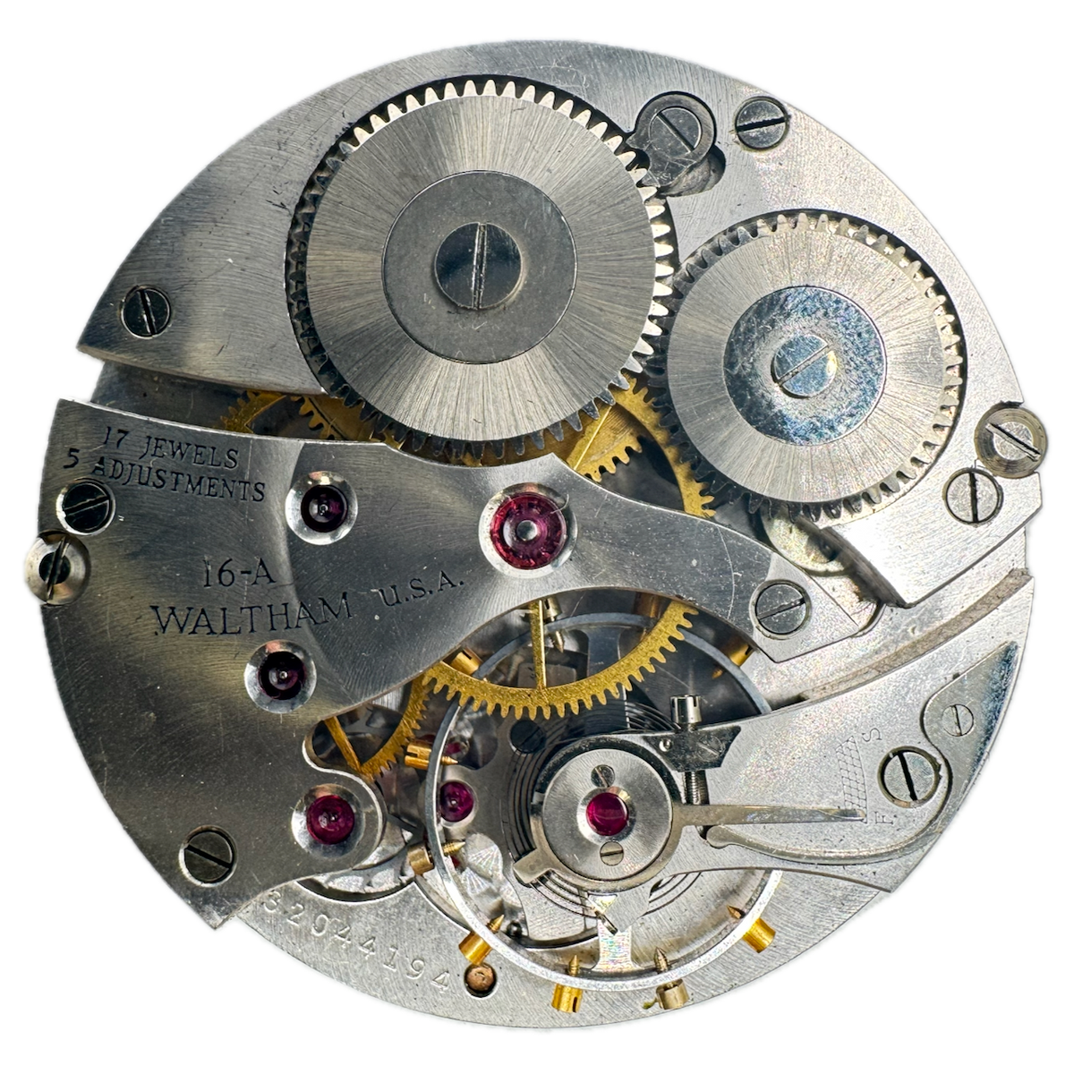 Vintage 16s 1945 Waltham 17J Mechanical Open Face Pocket Watch Movement No. 1617