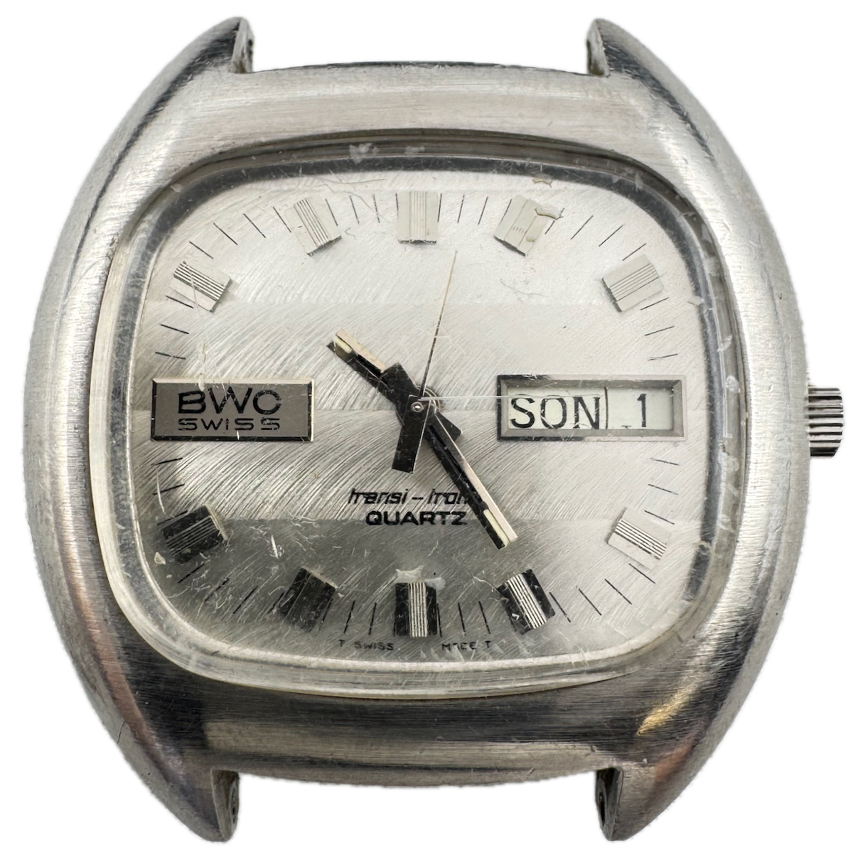 Vintage BWC Transi-tronic Day Date Men's Quartz Wristwatch Swiss Steel