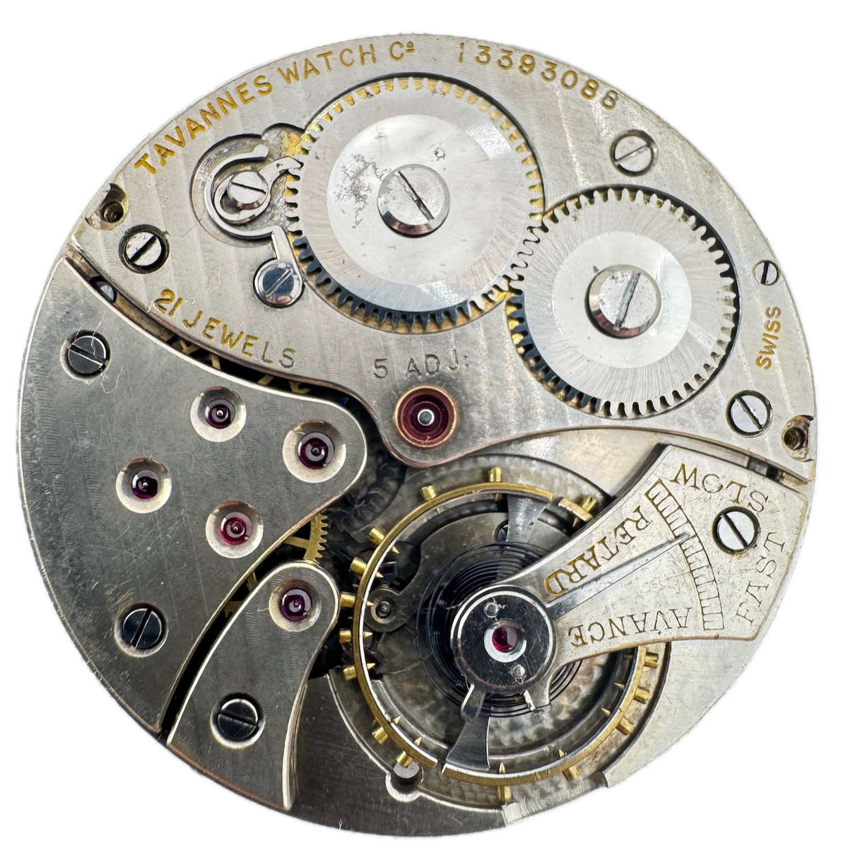 Antique 12s Tavannes 21 Jewel Mechanical Pocket Watch Movement Swiss fParts