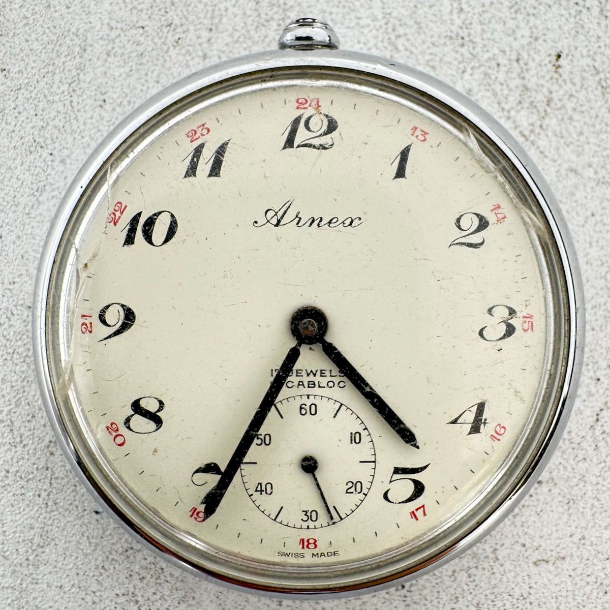 Antique Arnex 17 Jewel Mechanical Pocket Watch 6497 Chrome Plated Swiss