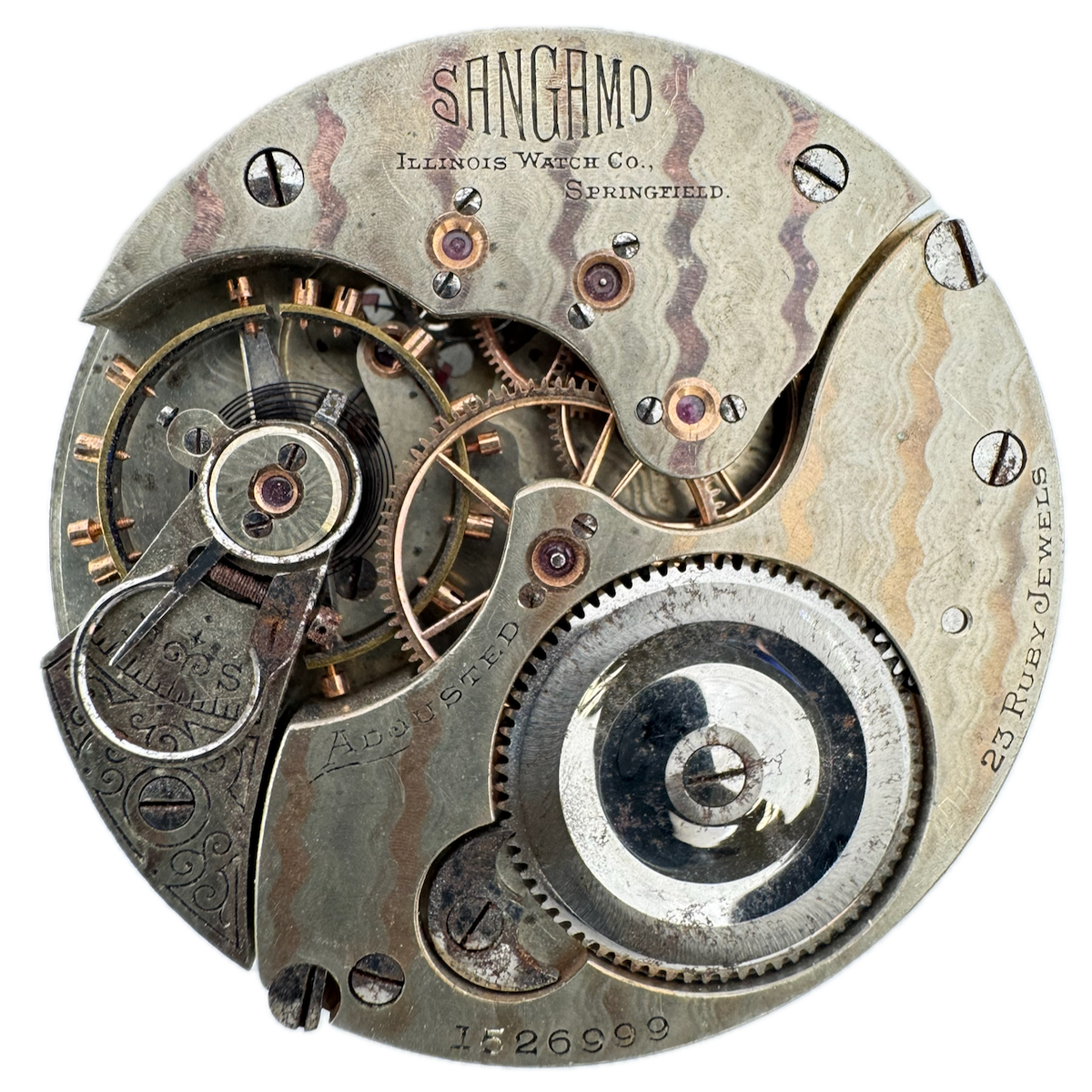 Antique 16s 1900 Illinois 23j Railroad Pocket Watch Movement Sangamo Two Tone