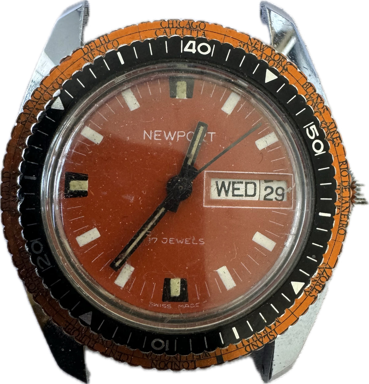 Vintage 37mm Newport Orange World Time Men's Mechanical Wristwatch 1217 No Back