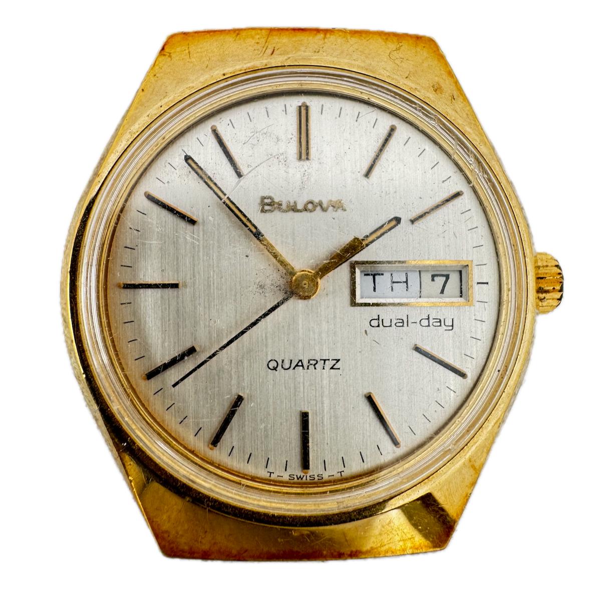 Vintage 35mm Bulova Dual Day Men's Quartz Wristwatch 242 3.10 Swiss Gold Tone