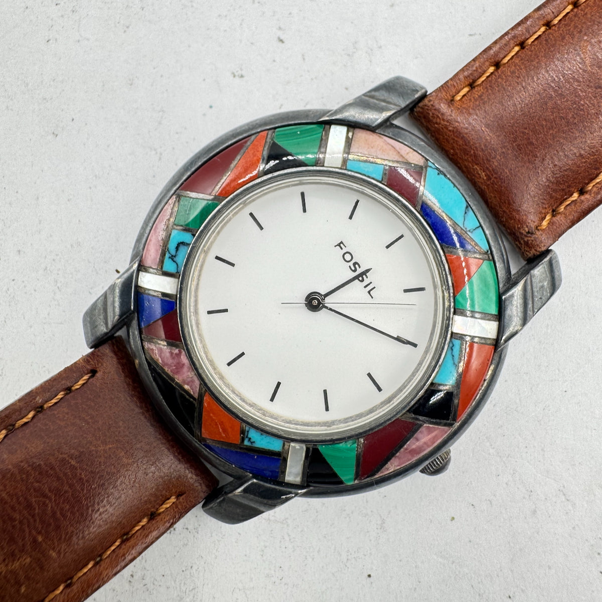 Vintage Fossil ET-7810 Mosaic Men's Quartz Wristwatch Japan Chrome Plated