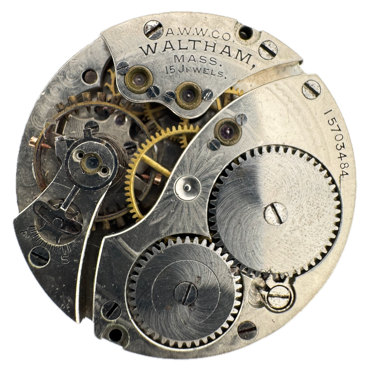 Antique 0s 1907 Waltham 1900 15J Mechanical Pocket Watch Movement No. 115 USA