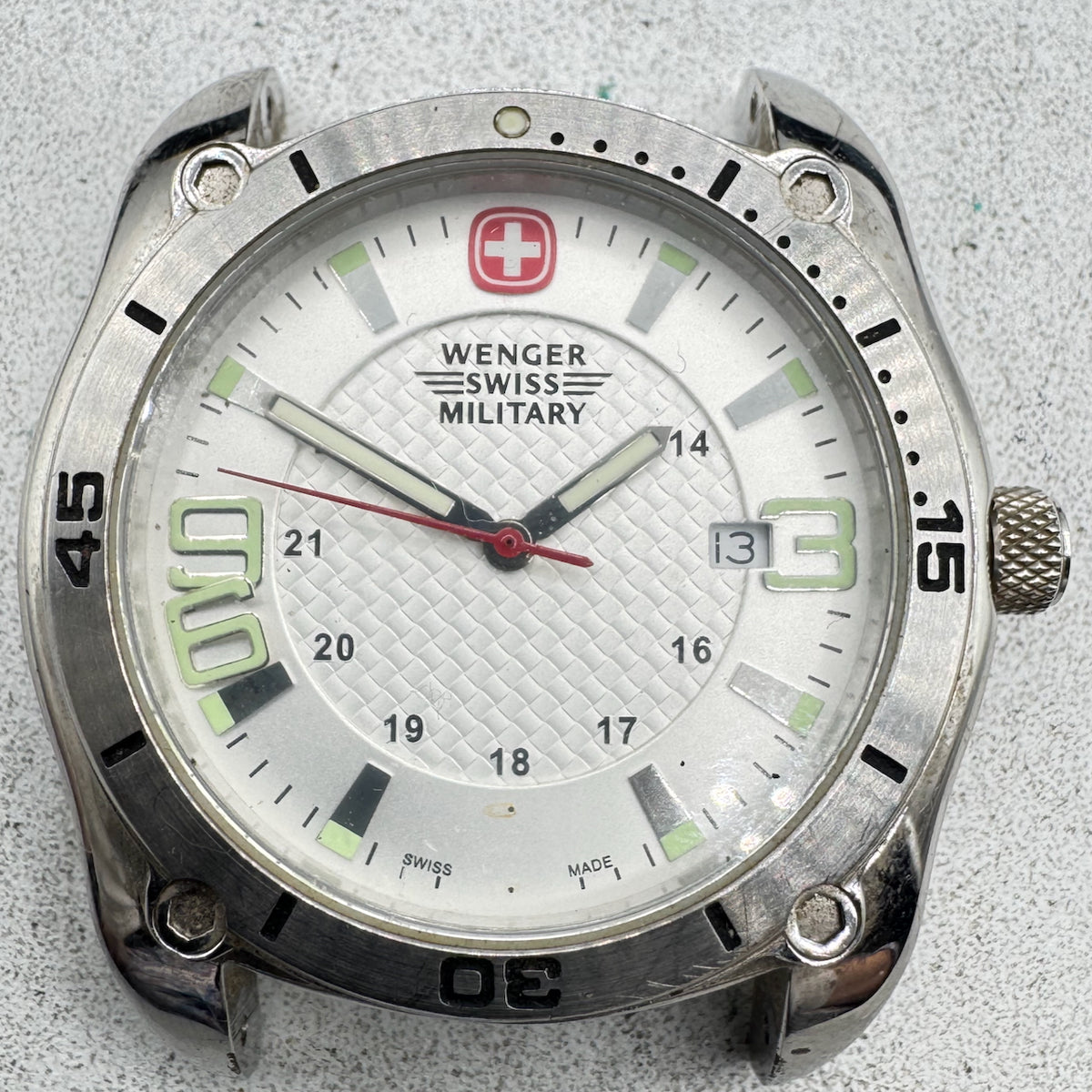 Vintage Wenger 79011 Military White Date Men's Quartz Wristwatch Swiss Steel