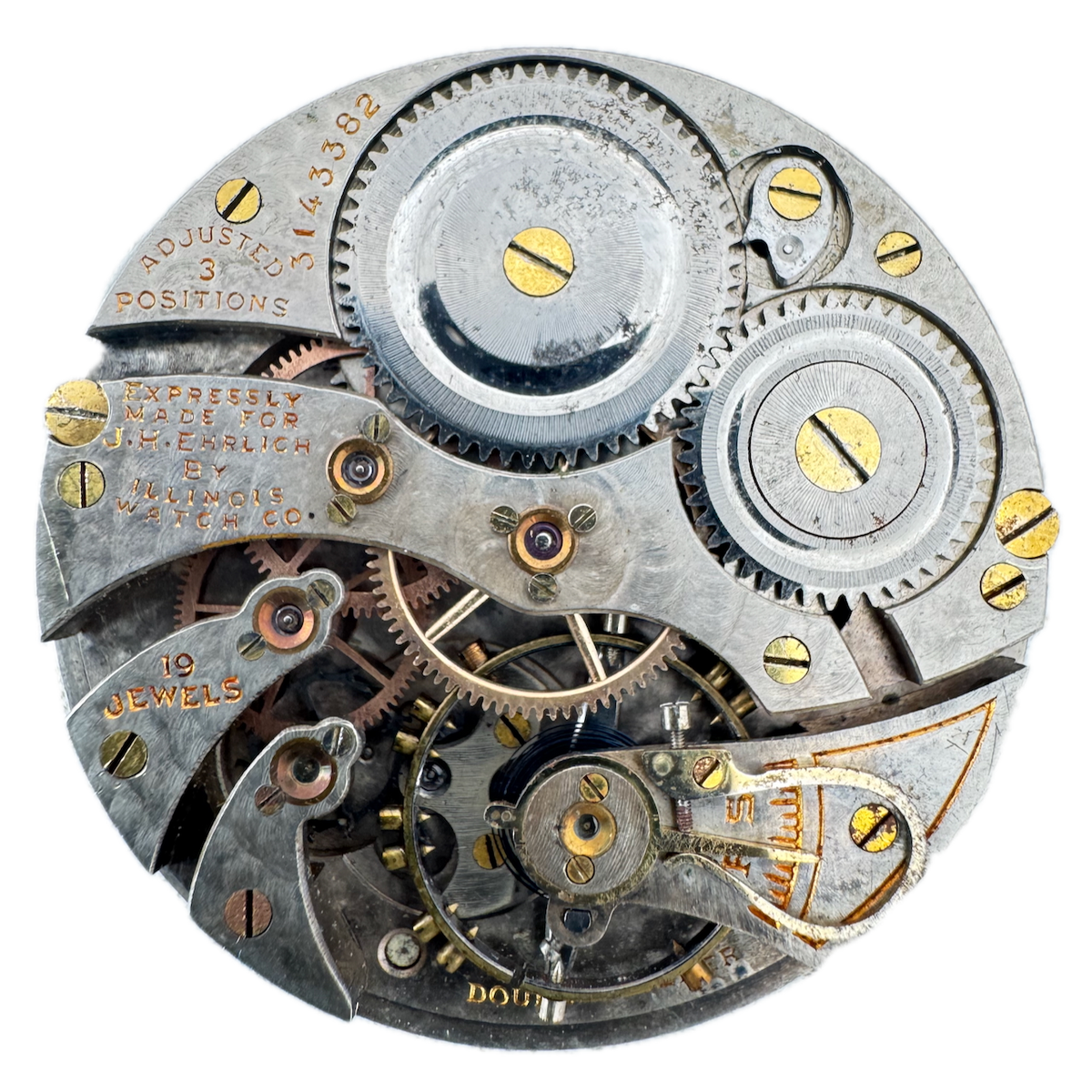Antique 12s 1917 Illinois Ehrlich 19j Mechanical Pocket Watch Movement 406 USA