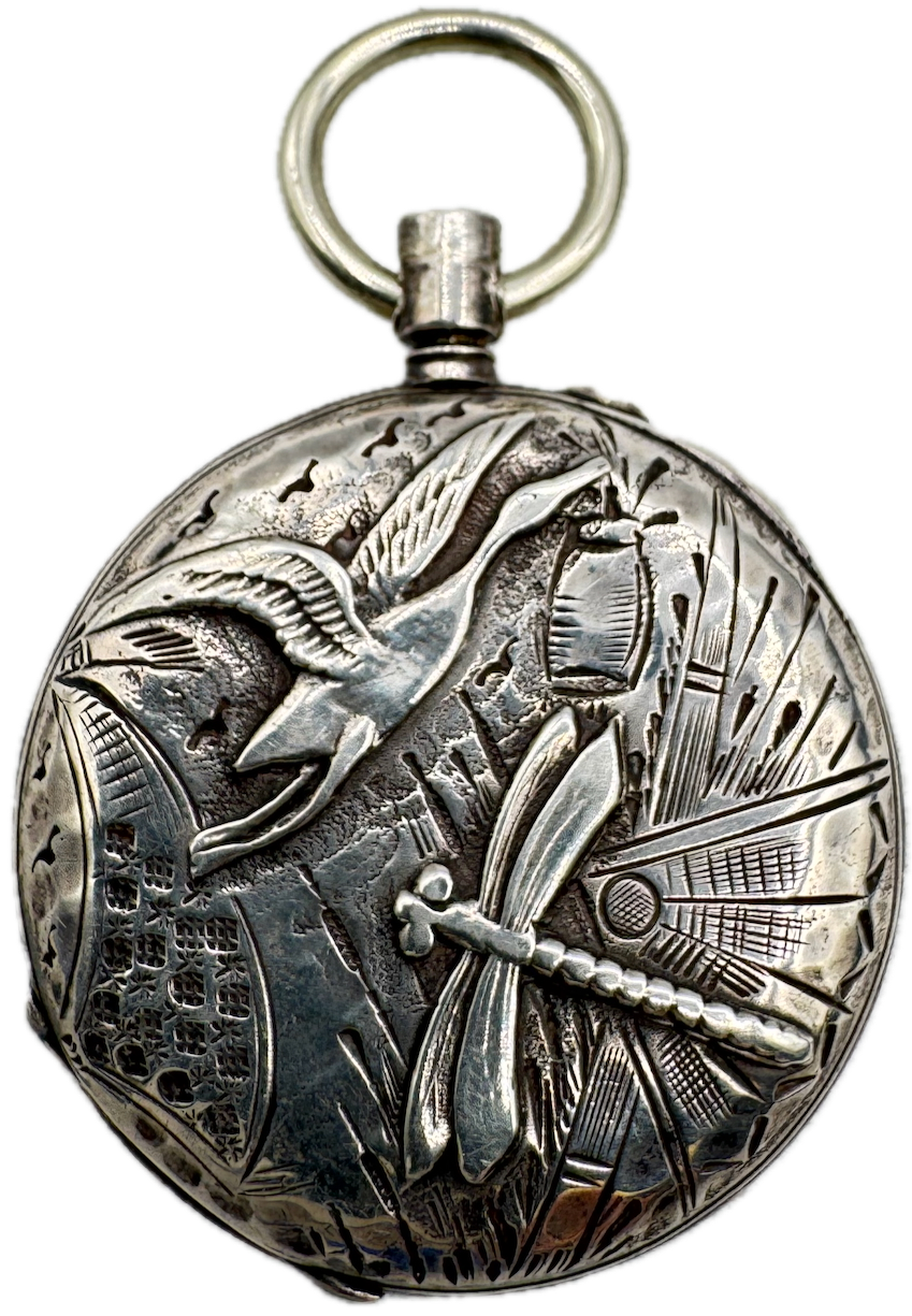 Antique 29mm Lady Racine Bird & Bug Open Face Pocket Watch Case Sterling Silver