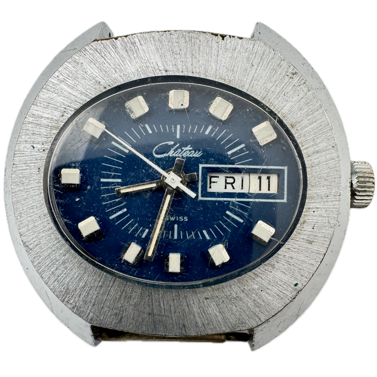 Vintage Chateau Blue Saucer Day Date Men's Mechanical Wristwatch 217P-21 Swiss
