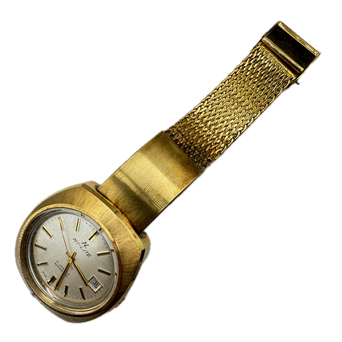 Vintage Ni-Lite Linen Date Men's Automatic Wristwatch 2472 Swiss Gold Tone