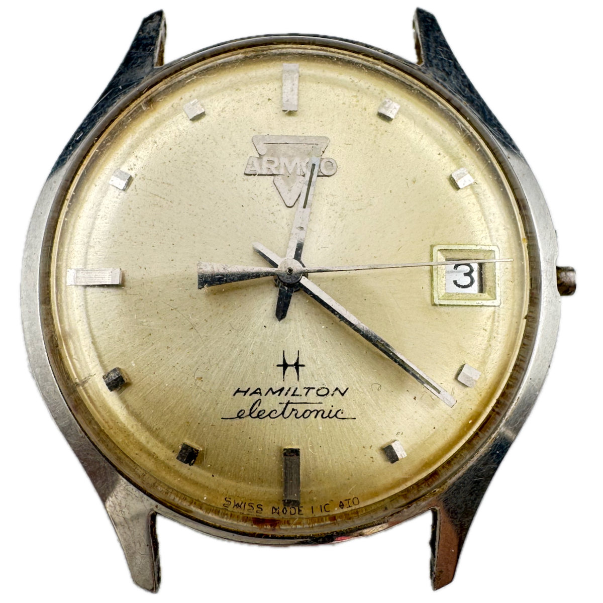 Vintage Hamilton Sunburst Date Armco Men's Electronic Wristwatch Swiss Steel
