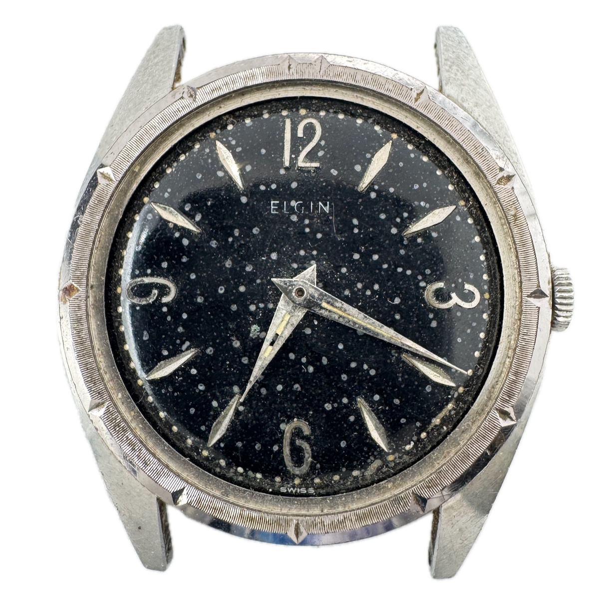 Vintage Elgin Black Engine Turned Men's Mechanical Wristwatch 323 Swiss Steel