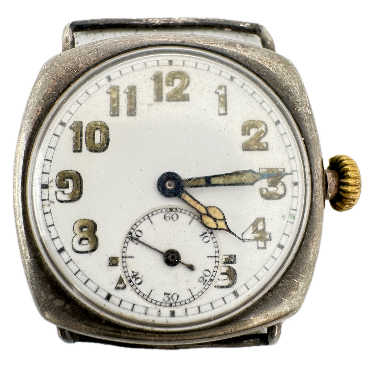 Vintage 33mm Cushion Case Wire Lug Men's Mechanical Wristwatch .900 Silver