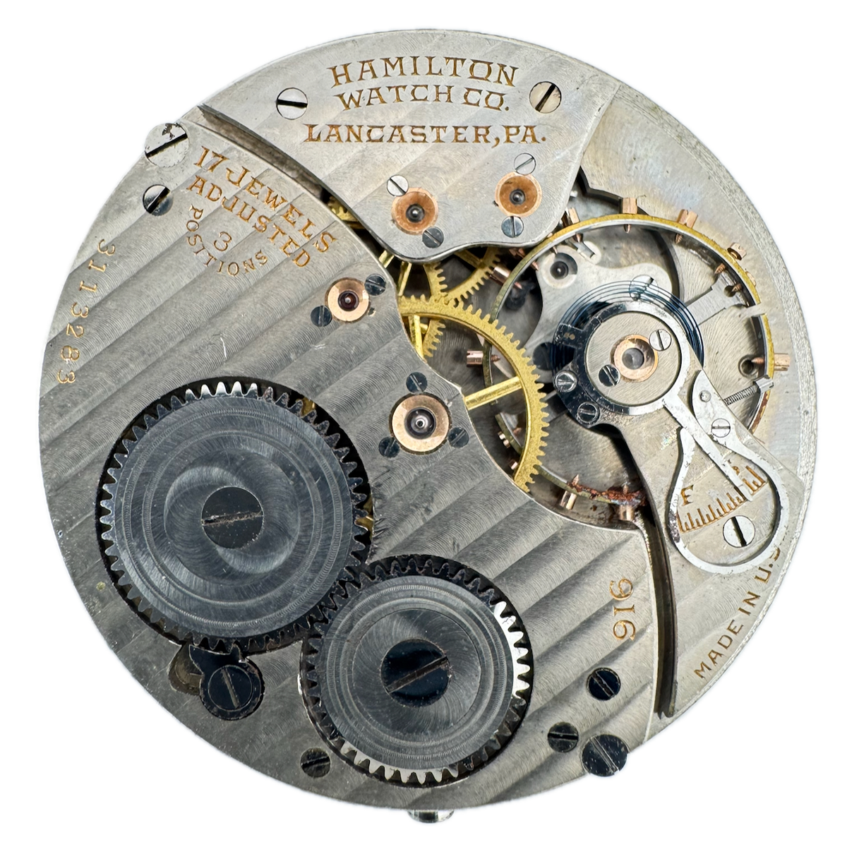 Antique 12s 1925 Hamilton 17J Mechanical Pocket Watch Movement 916 Gold Dial USA