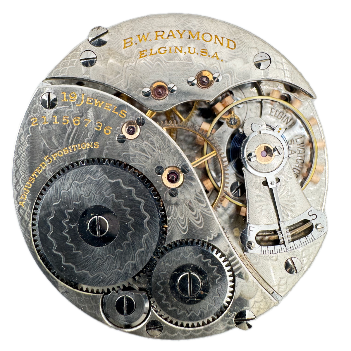 Antique 16s 1919 Elgin B.W. Raymond Mechanical Pocket Watch Movement 455 Runs