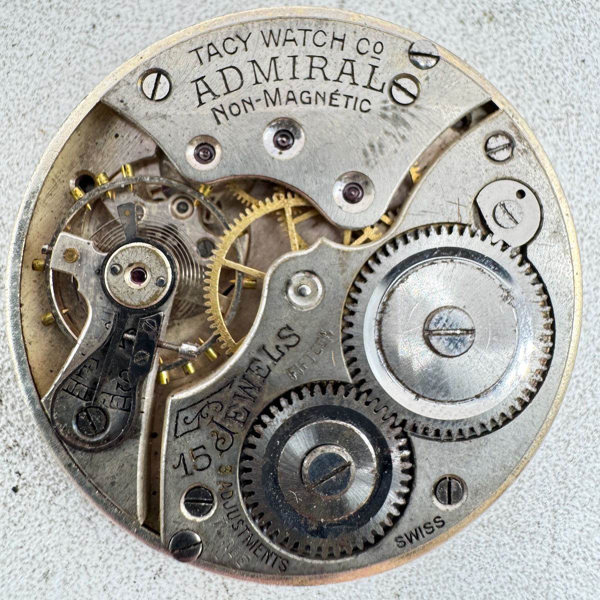 Antique 39.5mm Tacy Watch Co. 15 Jewel Pocket Watch Movement Admiral Swiss
