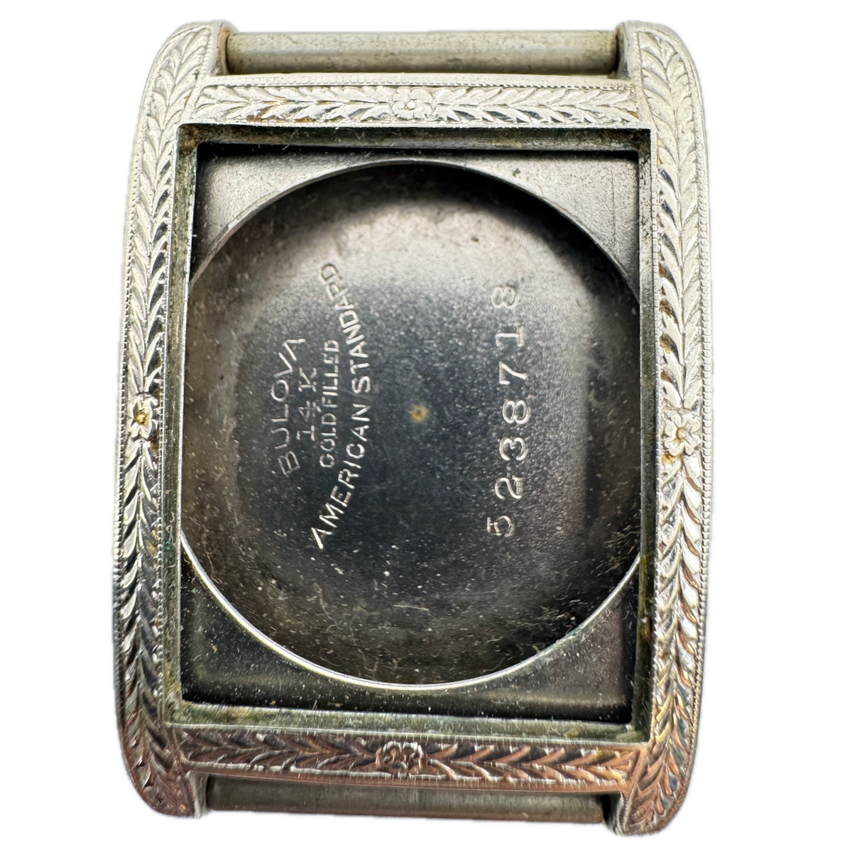 Vintage Bulova Art Deco Floral Men's Wristwatch Case 24mm 14k White GF USA