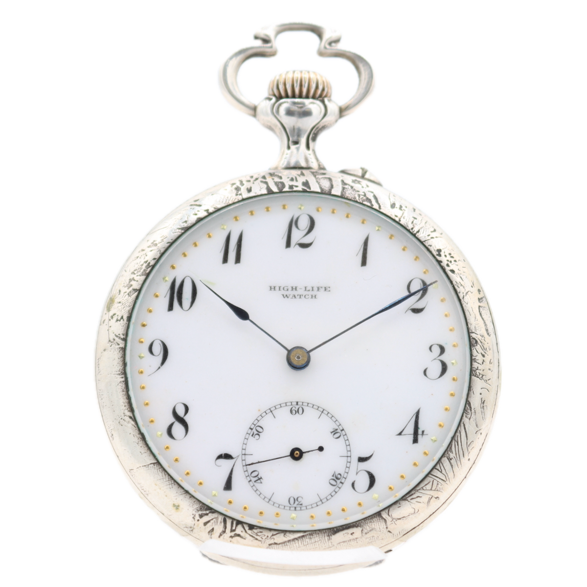 Antique High Life Fisherman Engraving Mechanical Pocket Watch .800 Silver