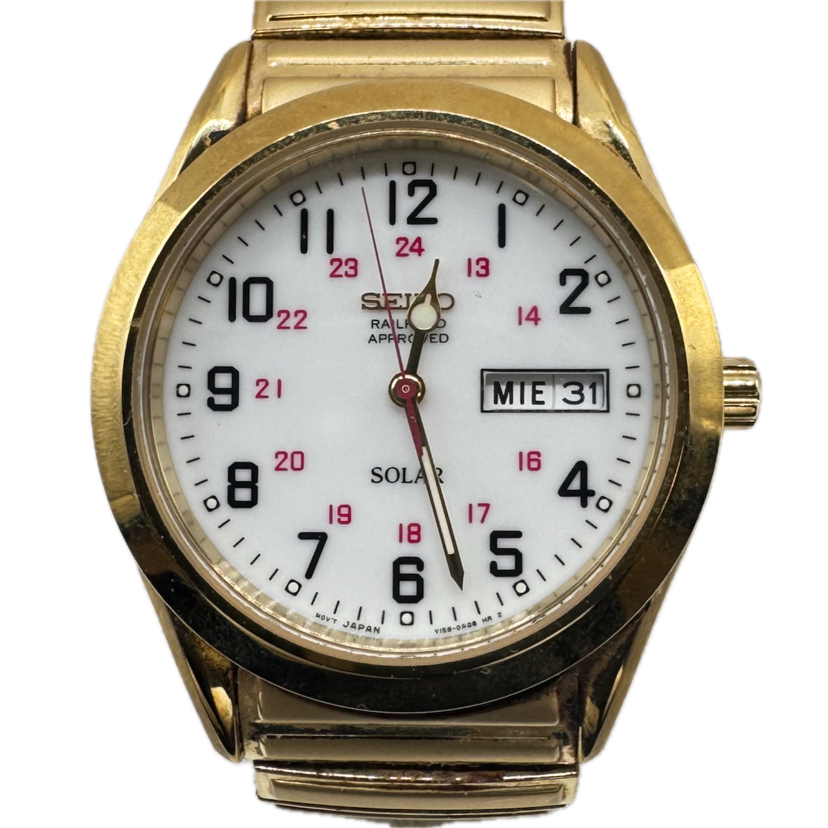 Vintage Seiko V158 0AB0 Railroad Solar Men's Quartz Wristwatch Japan Gold Tone