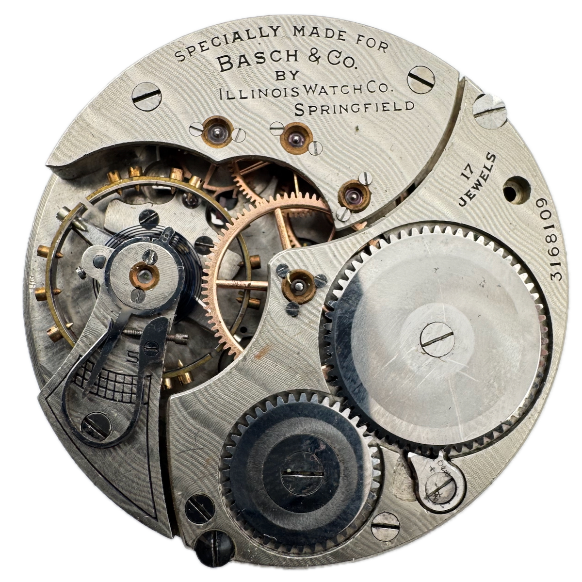 Antique 16s 1917 Illinois Basch & Co. 17 Jewel Pocket Watch Movement 604 USA