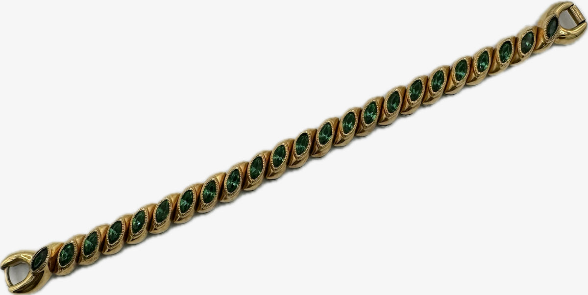 Vintage Bretton Men's Wristwatch Bracelet Gold Plated Green Jeweled Stretch