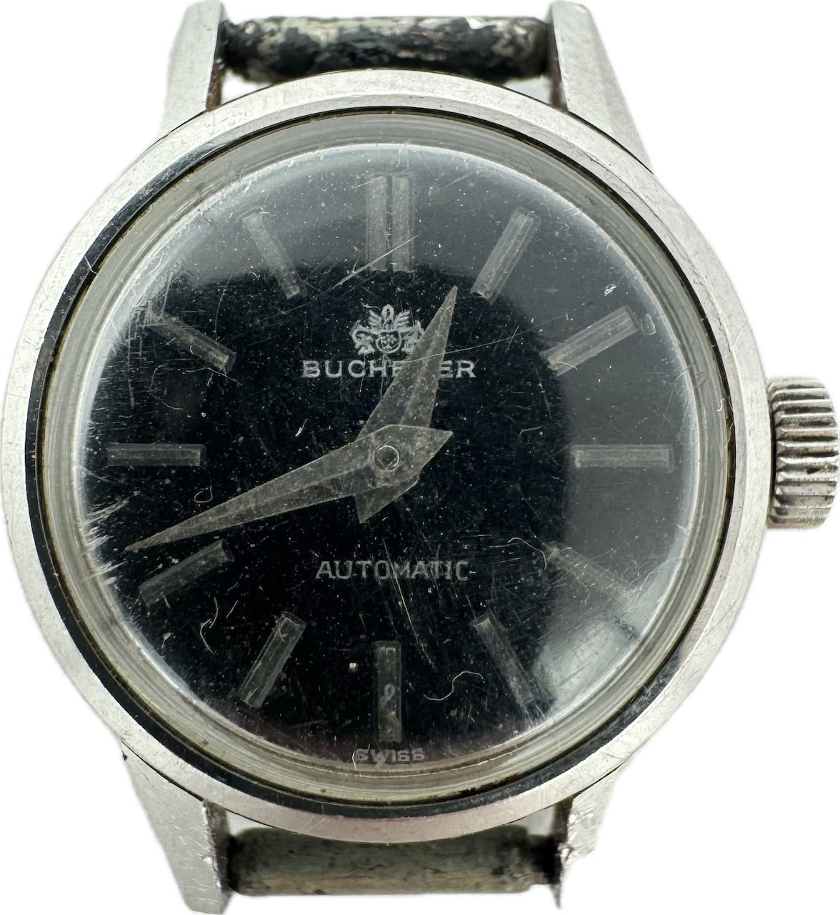 Vintage Bucherer 17 Jewel Ladies Automatic Wristwatch Swiss Steel Black