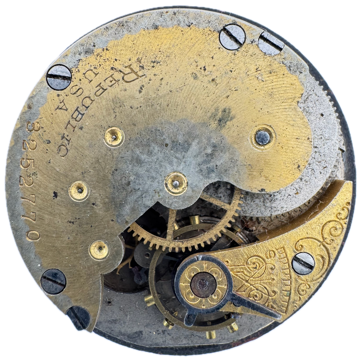 Antique 12s Republic Two Tone Mechanical Pocket Watch Movement N/A for Parts