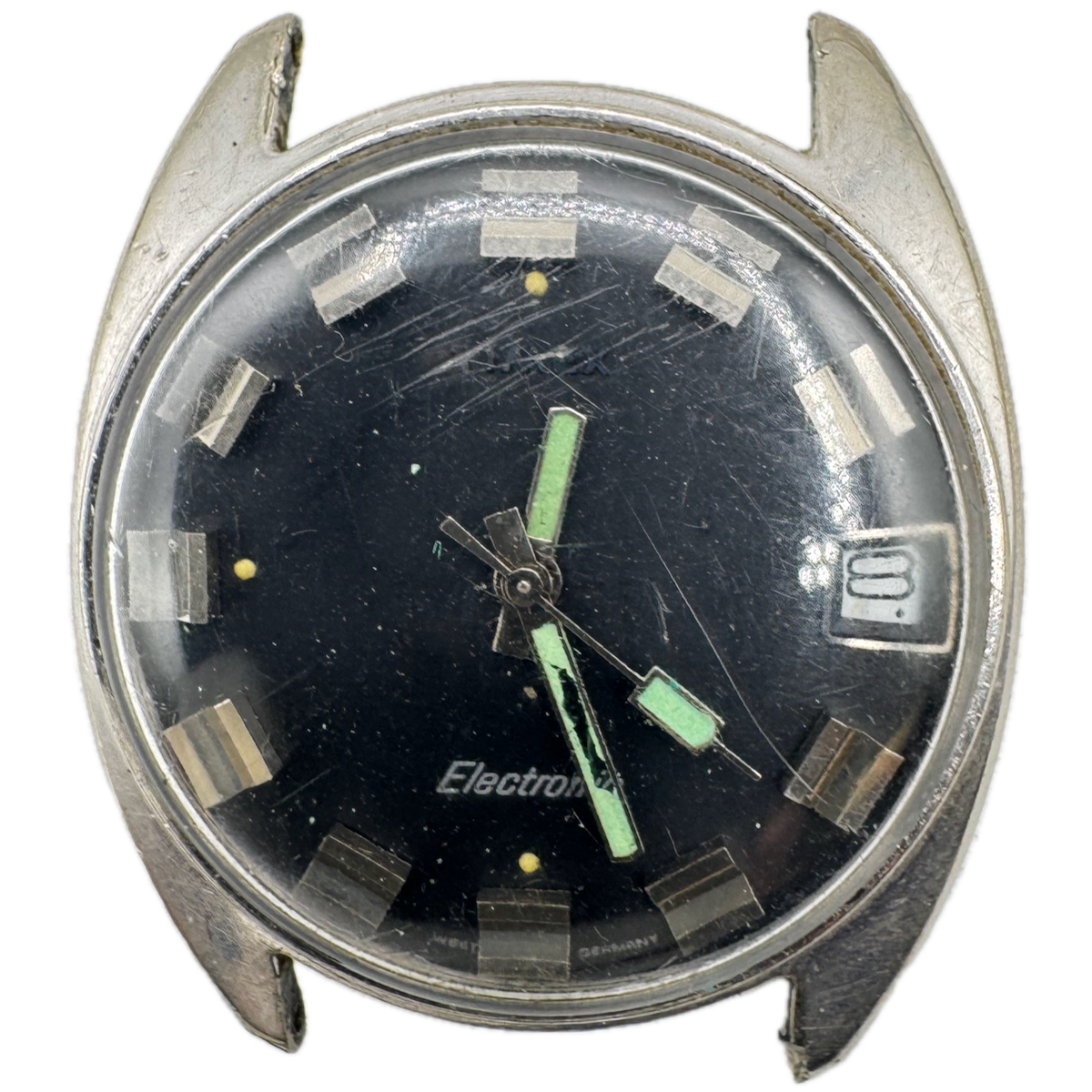 Vintage Timex Black Date Men's Electronic Wristwatch West GermanySteel & 10k RGP