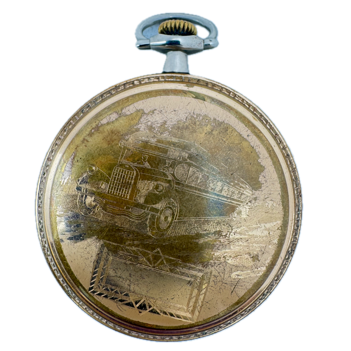 Antique 18s Keystone Deco Bus Engrave Open Face Pocket Watch Case Nickel USA