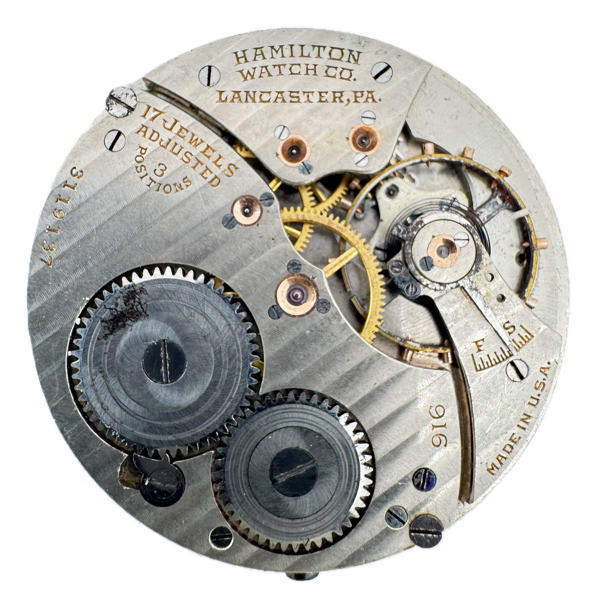 Antique 8s 1926 Hamilton 17j Mechanical Open Face Pocket Watch Movement 916 USA