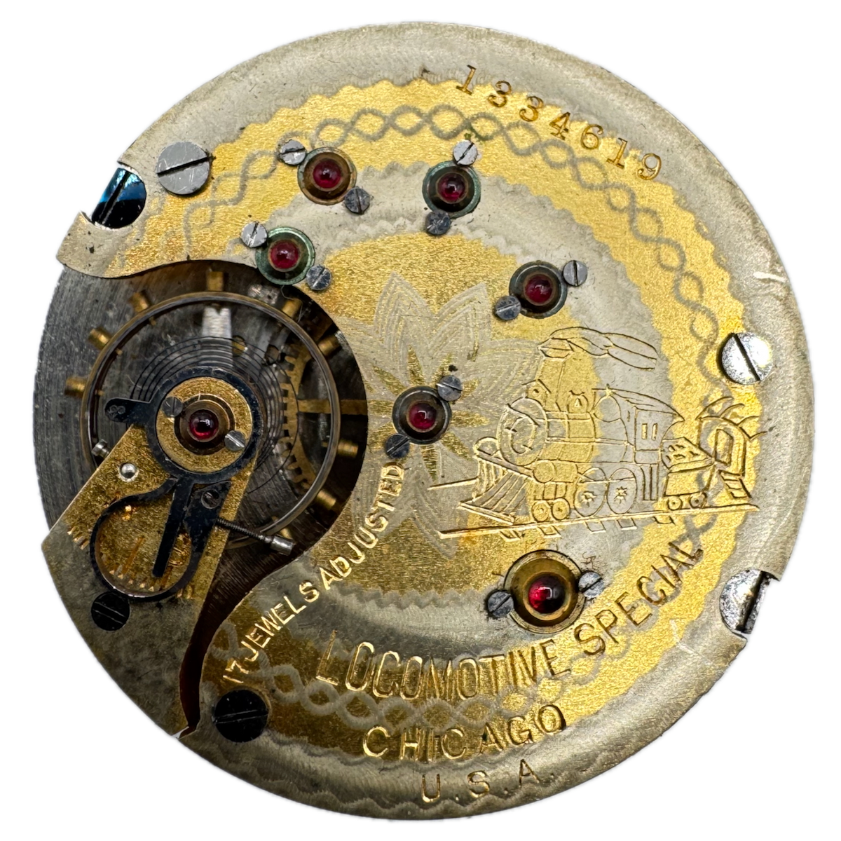 Antique 18s Locomotive Two Tone 17 Jewel Railroad Pocket Watch Movement USA