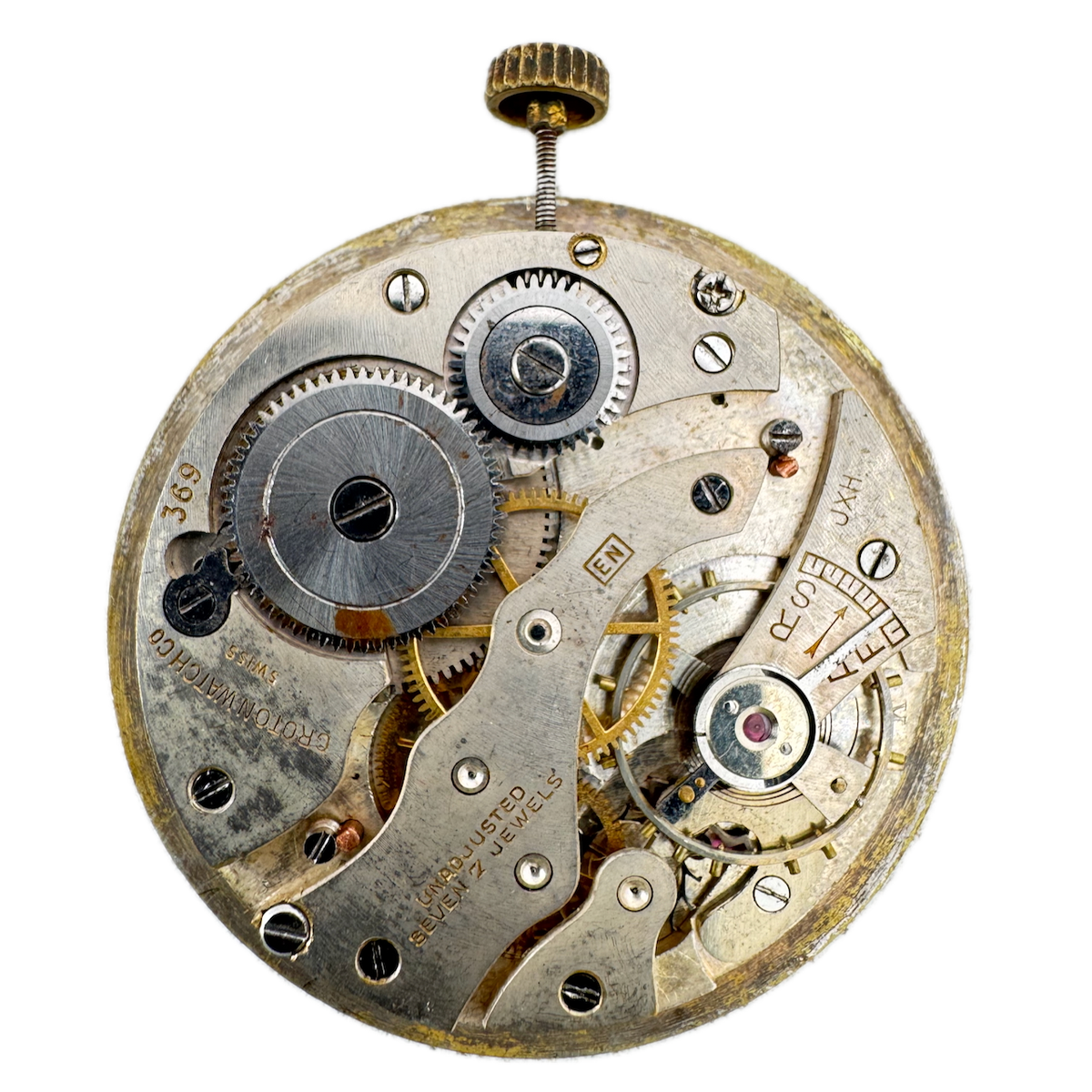 Antique 36mm Croton 7 Jewel Mechanical Pocket Watch Movement 369 Swiss