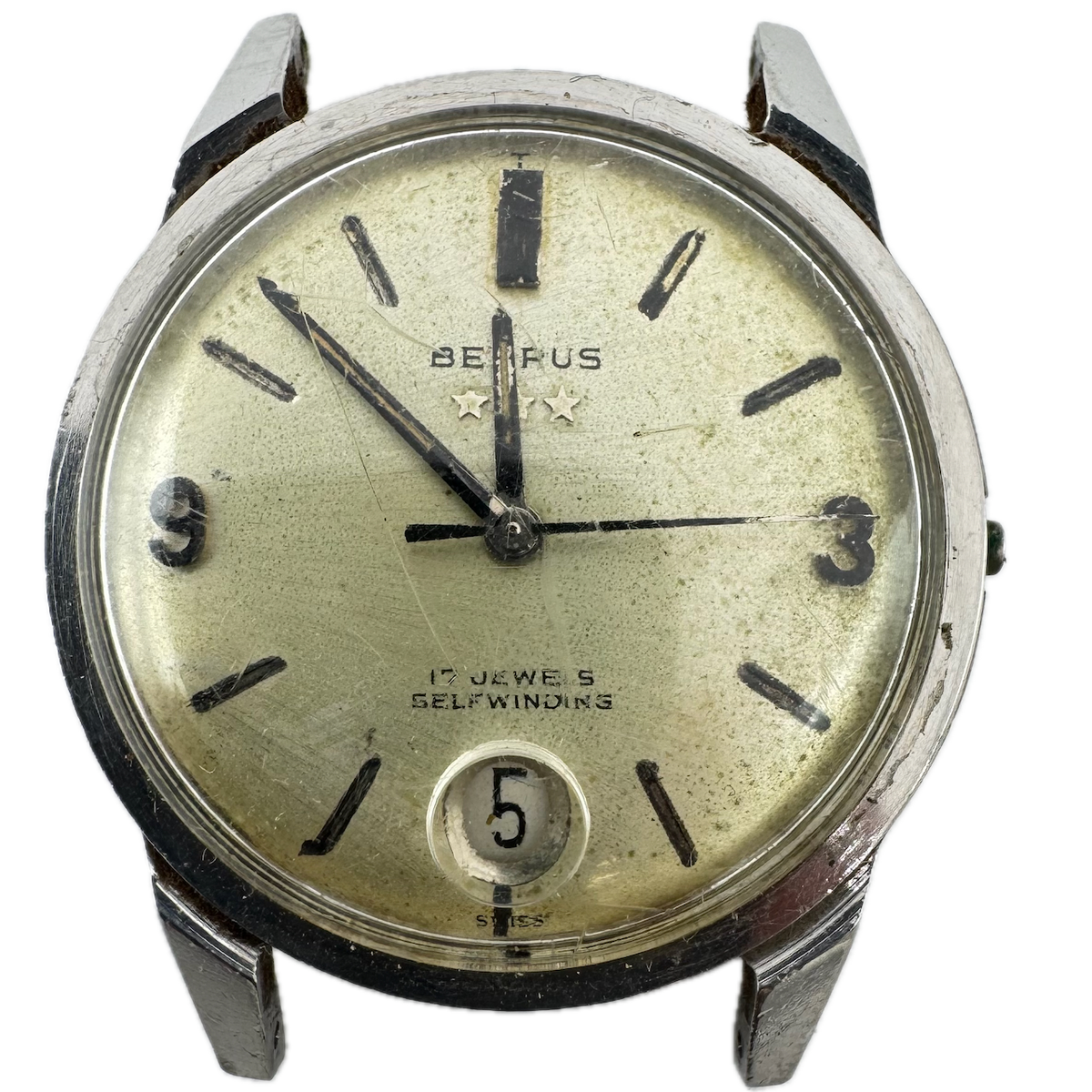 Vintage 34mm Benrus Three Star Date Men's Automatic Wristwatch Swiss Steel