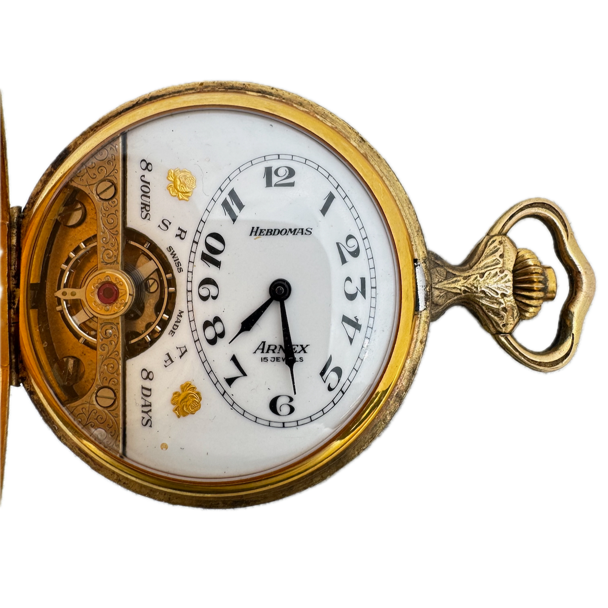 Antique 50mm Arnex Hebdomas Open Balance Mechanical Hunter Pocket Watch Swiss