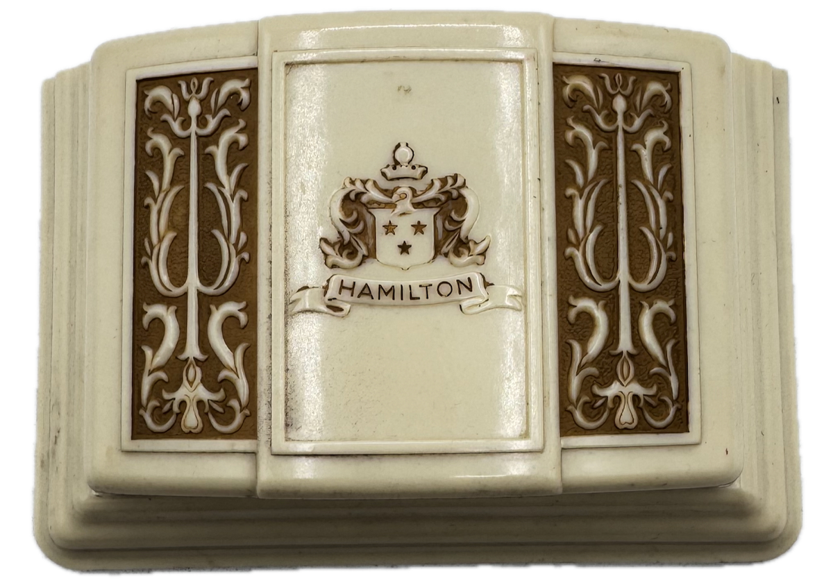 Vintage Hamilton Crest Logo Display Men's Wristwatch Box Bakelite, and Felt