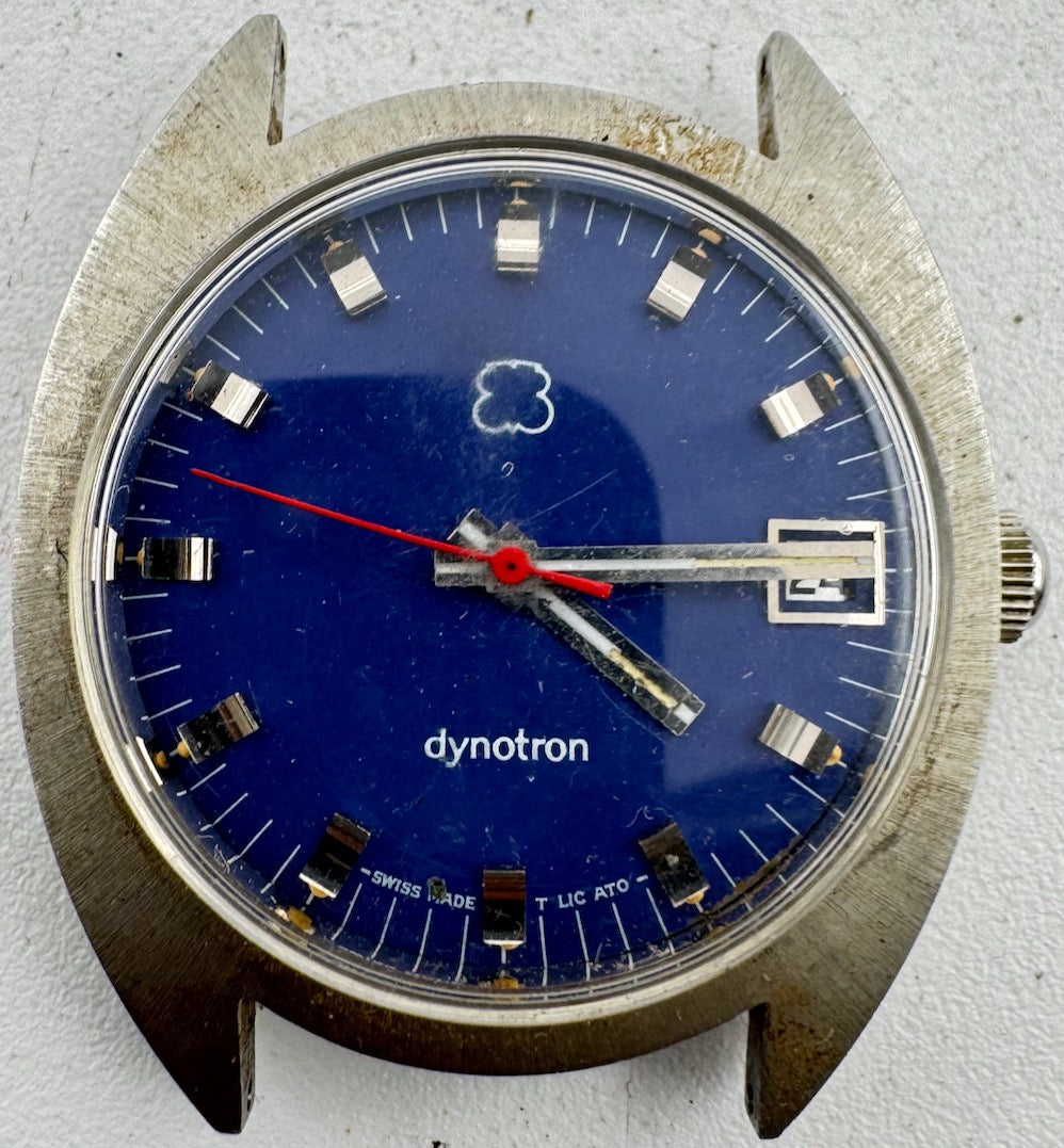 Vintage 35mm Dynotron Blue Date Men's Electric Wristwatch Swiss Steel