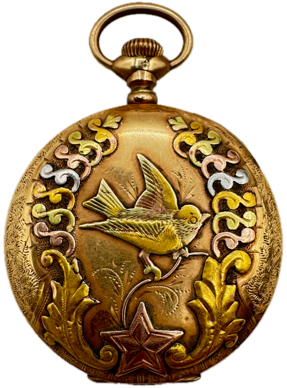 Antique 35mm Essex Shield & Bird Multicolor Hunter Pocket Watch Case 14k GF