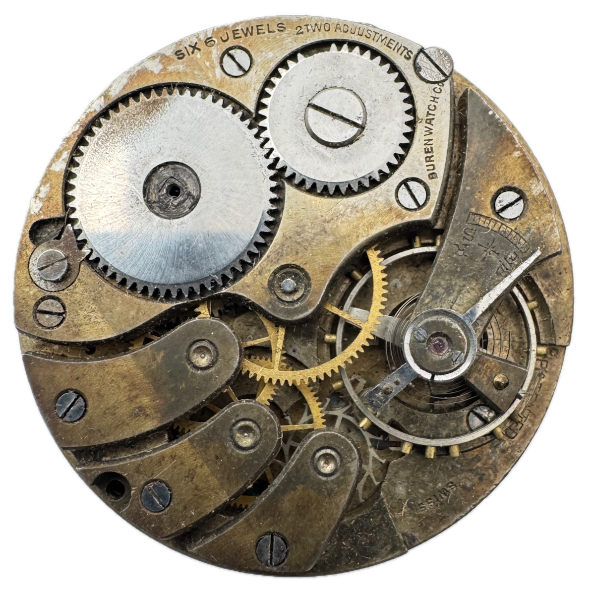 Antique 39mm Buren 6 Jewel Mechanical Open Face Pocket Watch Movement Swiss