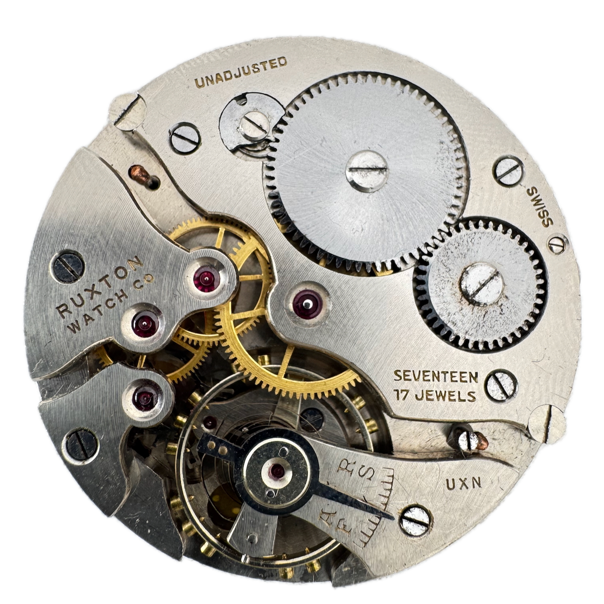 Antique 43mm Ruxton Railroader 17 Jewel Mechanical Pocket Watch Movement Swiss