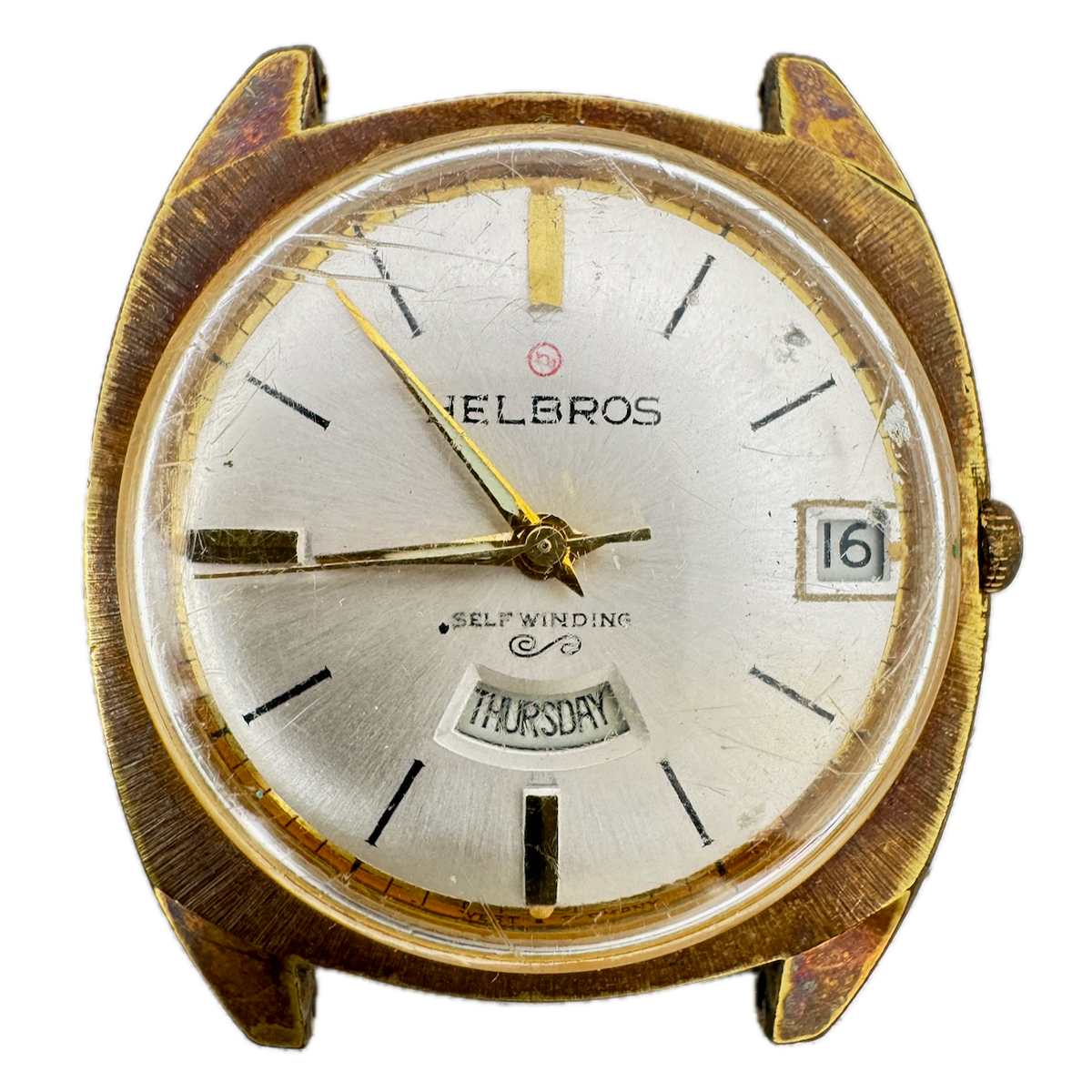 Vintage 34mm Helbros Day Date Men's Automatic Wristwatch West Germany Gold Tone