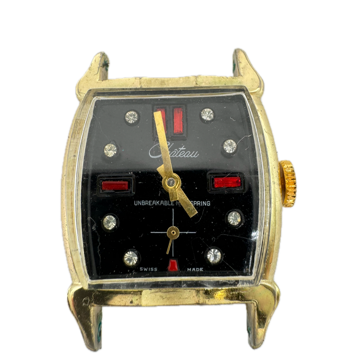 Vintage Chateau Black Jeweled Dial Men's Mechanical Wristwatch Swiss Gold Tone